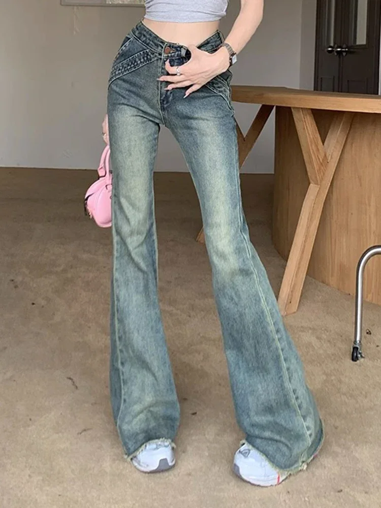 

Vintage American Fashion Classic Distressed Women Jeans New Simple Casual Slim Full Length Chic Flare Female High Waisted Jeans