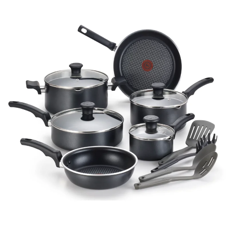 

T-fal Cook & Strain Nonstick Cookware Set, 14 piece Set, Black, Dishwasher Safe pots and pans