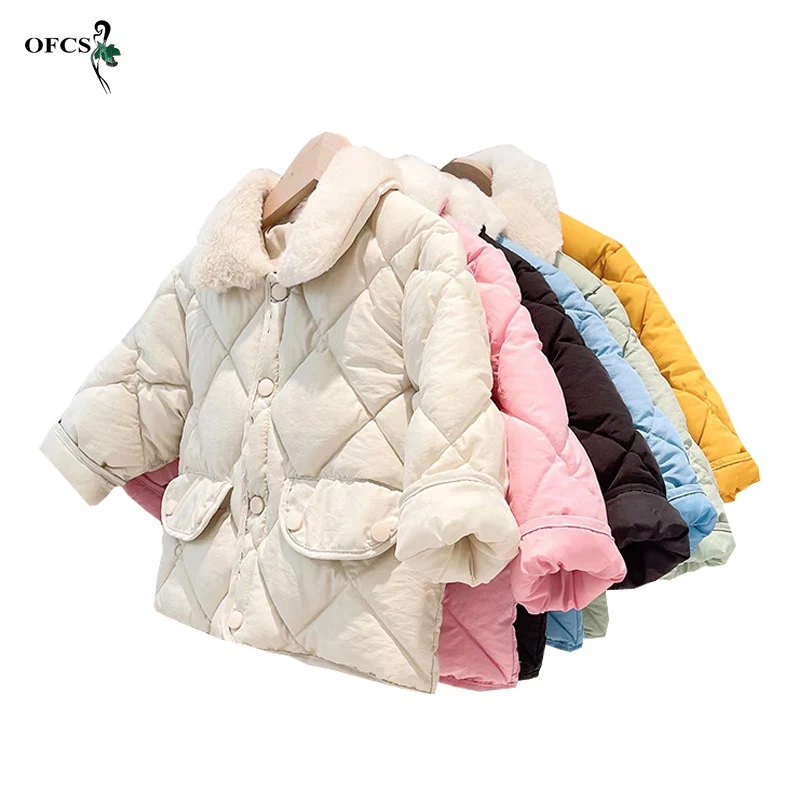 

Boys Girls Jackets Baby Clothes New Winter Foreign Style Children's Padded Warm Cotton Coats Fur Collar Grid Fashion Clothing 7T