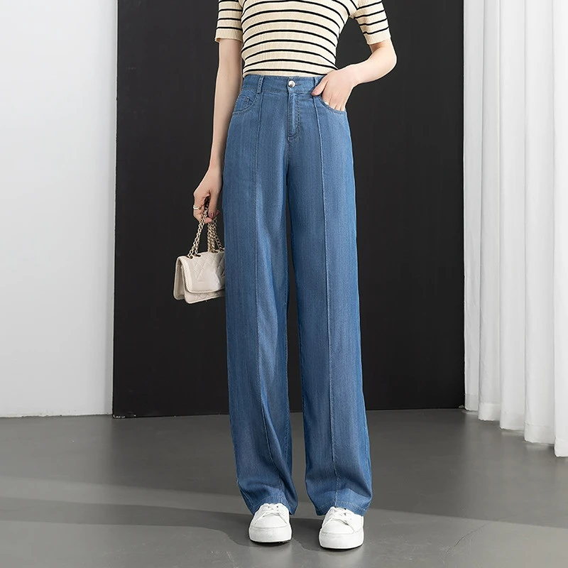 

Wide Leg Jeans Lyocell Women Straight-leg Pants Mopping Thin Trousers 2023 High-waisted Slim Bottoms Baggy Clothes Blue Light