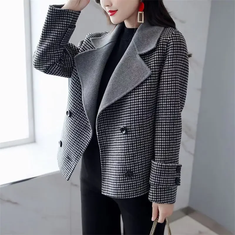 

2024 Autumn New Check Plaid Wool & Blend Women's Blazers Tweed Clothing Female Coats and Jackets Gray Outerwear Tailoring In
