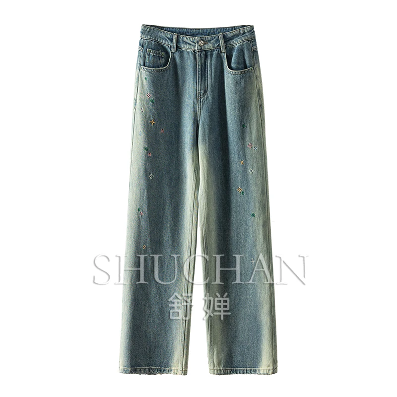 

New 2024 Spring Summer 100% Cotton Jeans Woman Embroidery Distressed Streetwear Pantalones Vaqueros Mujer