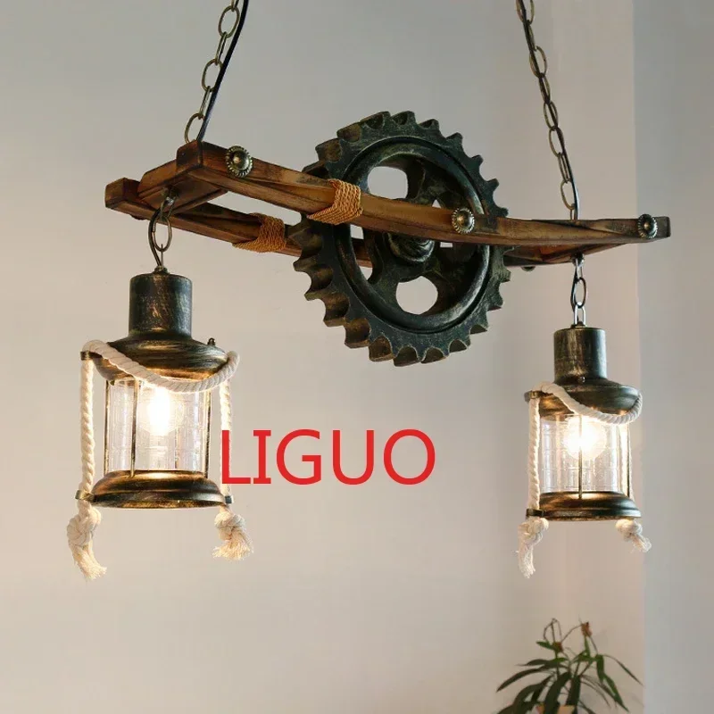 

American Design Vintage Chandelier Retro Cafe Bar Restaurant Wooden Loft Pendant Lamp Gear Industrial Hanging Glass Light