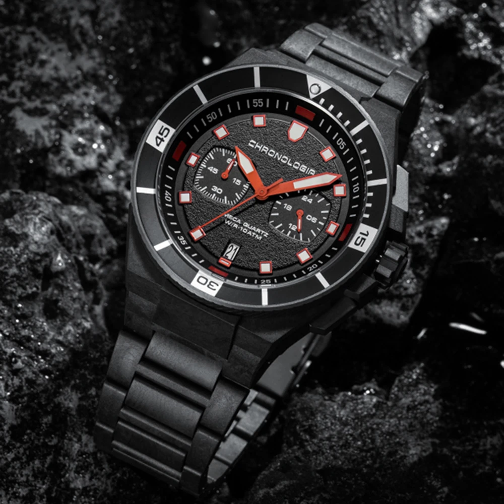 

46mm Carbon Fiber Chronograph Mens Watch Military Sports Wristwatch Waterproof VK64 Chrono Quartz Movement 100m Clocks Calendar