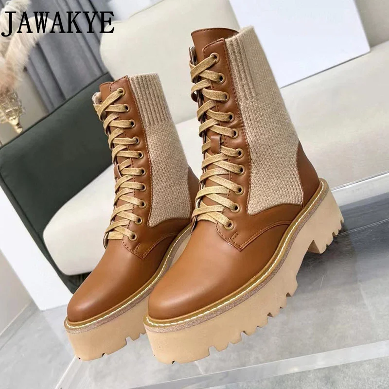 Fashion Brand Knitted Patchwork Leather Boots Thick Sole Motorcycle Boots Winter Women's Designer Shoes Combat Boots
Fashion Brand Knitted Patchwork Leather Boots Thick Sole Motorcycle Boots Winter Women's Designer Shoes Combat Boots