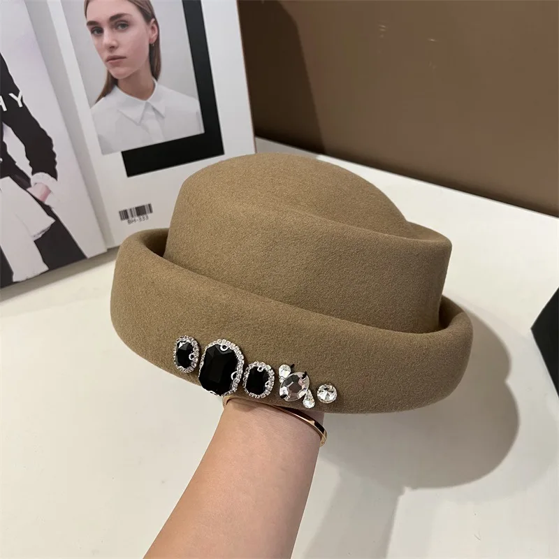 High quality rhinestone wool top hat Korean version versatile beret fashion retro style painter's hat church dress bucket hat 44 Mallzona Sf453e41e9a324a86bff7b73775676ad62 High quality rhinestone wool top hat Korean version versatile beret fashion retro style painter's hat church dress bucket hat Mallzona