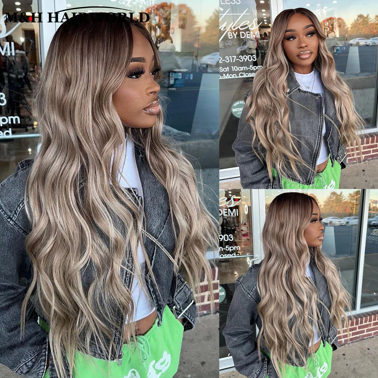 

Ombre Honey Blonde Highlight Brown Wave Lace Front Wigs For Women Long Natural Wavy Synthetic Hair Wig Glueless Lace Frontal Wig