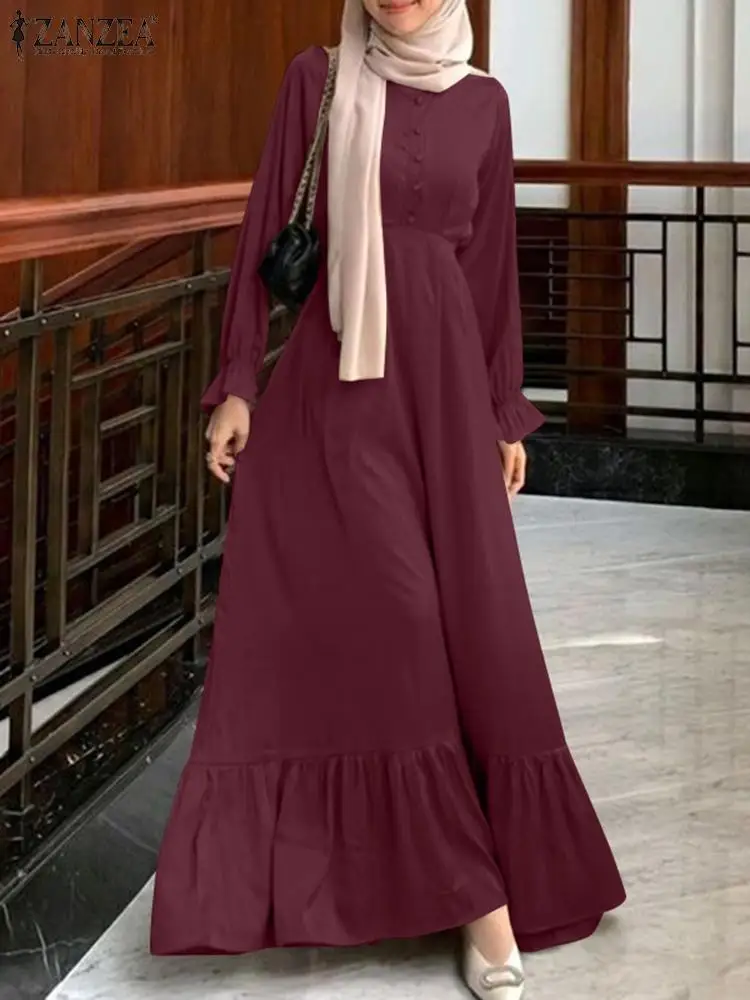 

ZANZEA Fashion Women Elegant Muslim Sundress Vintage Eid Mubarek Ramadan Long Sleeve Ruffles Dress Spring Robe Femme Vestido