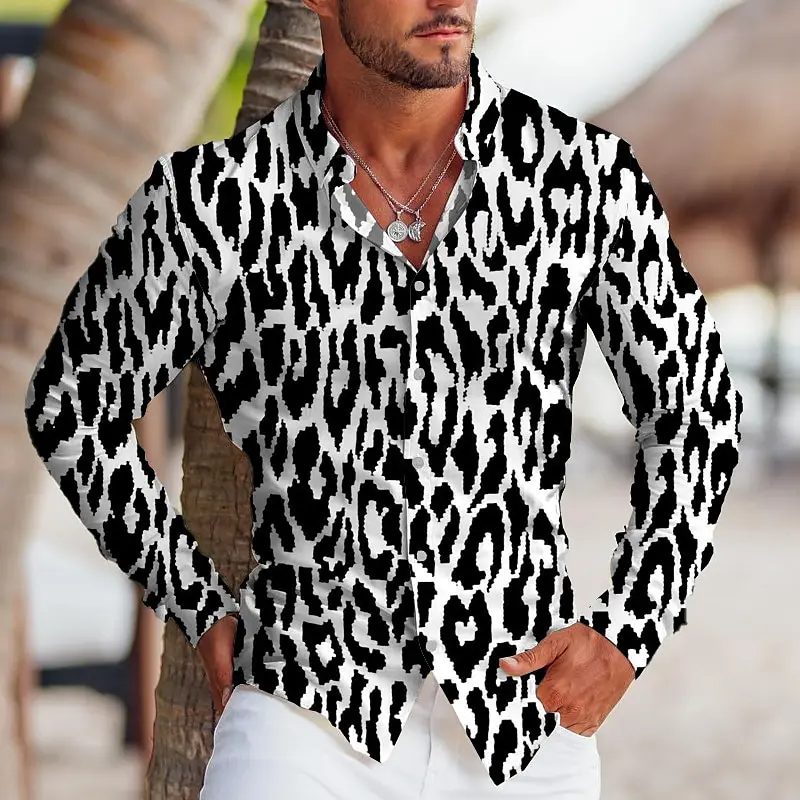 

Men's Shirts Leopard Pattern Cuffed Outdoor Streetwear Long Sleeve Button Print Clothing Tropical Fashion Designer Soft