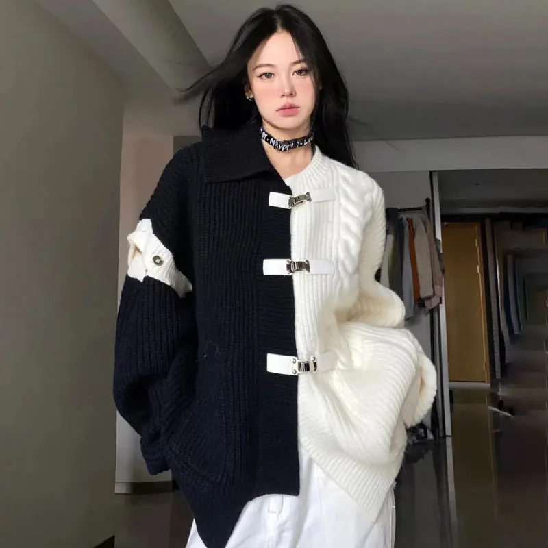 Spring Autumn New Irregular Contrasting Cardigan Jacket Women's Outside Wear Loose Splicing Deconstruction Metal Knitt Sweater
Spring Autumn New Irregular Contrasting Cardigan Jacket Women's Outside Wear Loose Splicing Deconstruction Metal Knitt Sweater