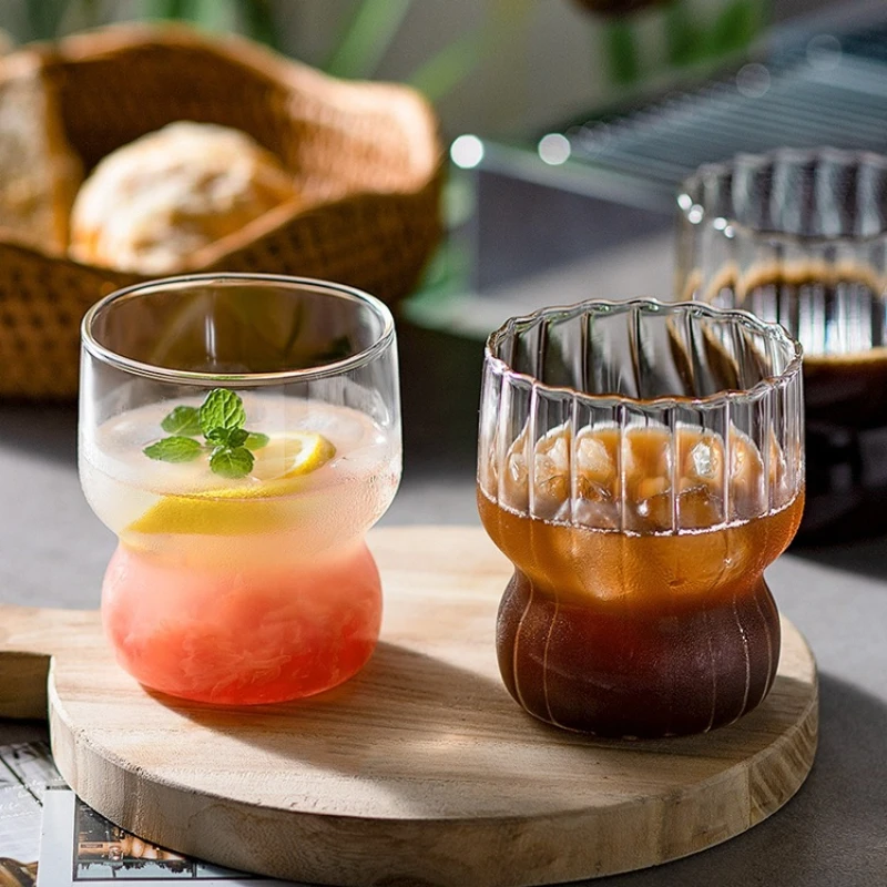 

Ins Glass Cup Stackable Glassware Stripe Style Transparent Cocktail Vintage Bar Iced Tea Juice Milk Coffee Mugs Drinkware 300ml