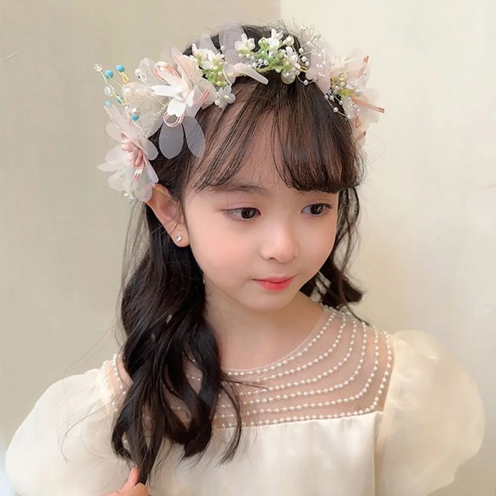 

Korean Style Children Girl Fairy Delicate Pearl Wreath Kids Girl Butterfly Flower Crown Birthday Gift Sweet Headdress