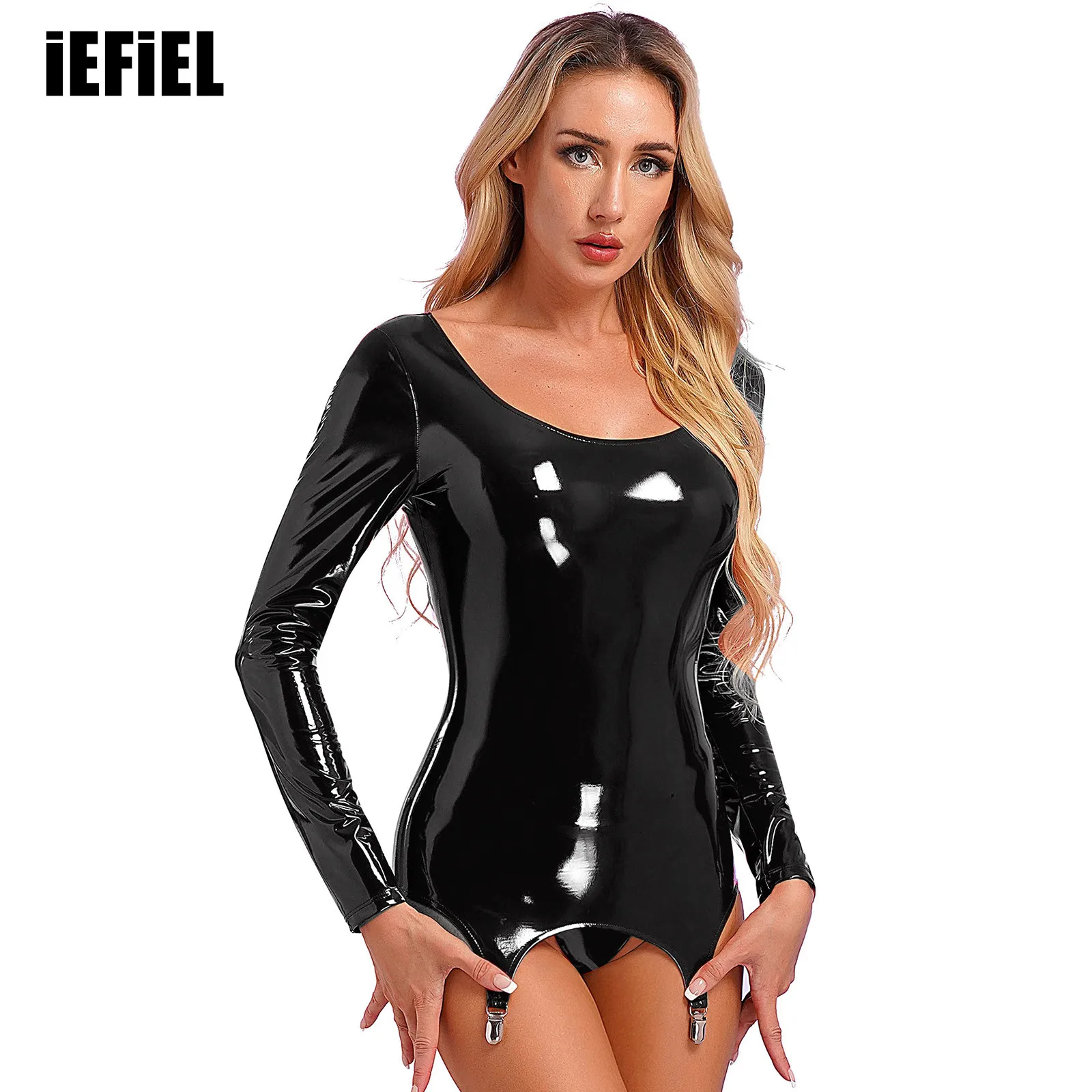 

Womens Glossy Patent Leather Bodycon Dress with Garter Clips Long Sleeve Back Zipper Mini Lingerie Dress for Clubwear