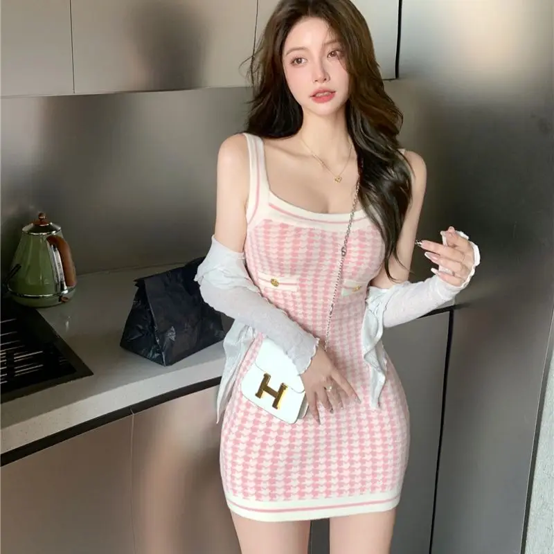 

Pink Small Houndstooth Sling Mini Sexy Women’s Dress Knitting Pocket Button O-Neck Sleeveless Summer New Cute Fashion Chic Sweet