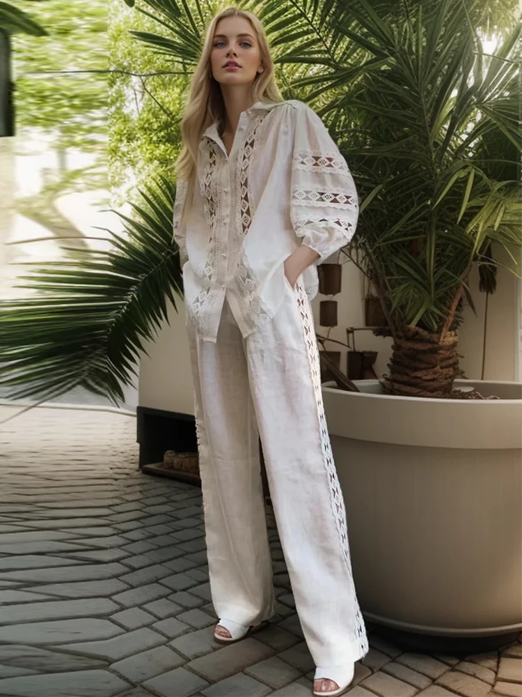 

SEQINYY Elegant Suit Summer Spring New Fashion Design Women Runway Shirt + Elastic Long Pants Vintage Hollow Out Casual Holiday
