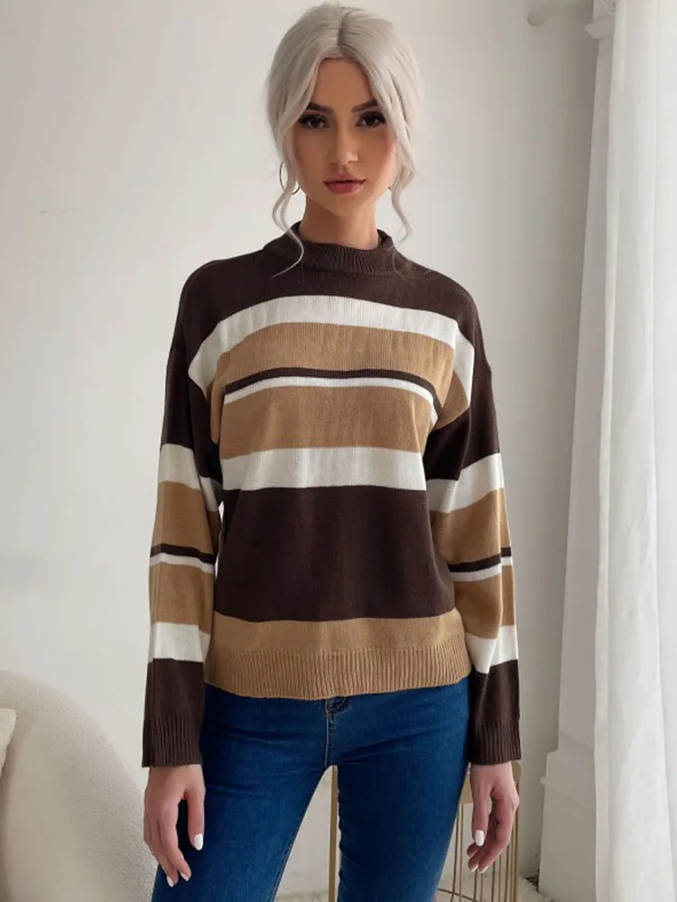 

Женский трикотажный свитер в полоску, Повседневный шерстяной пуловер с круглым вырезом и длинным рукавом, Осень-зима 2023