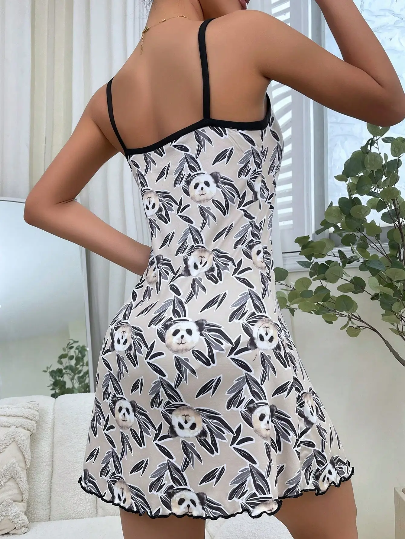 Allover Panda Bamboo Print Nightgown Casual Round Neck Backless Slip Dress Women's Sleepwear Spaghetti Straps Loungewear Dress Allover Panda Bamboo Print Nightgown Casual Round Neck Backless Slip Dress Women's Sleepwear Spaghetti Straps Loungewear Dress