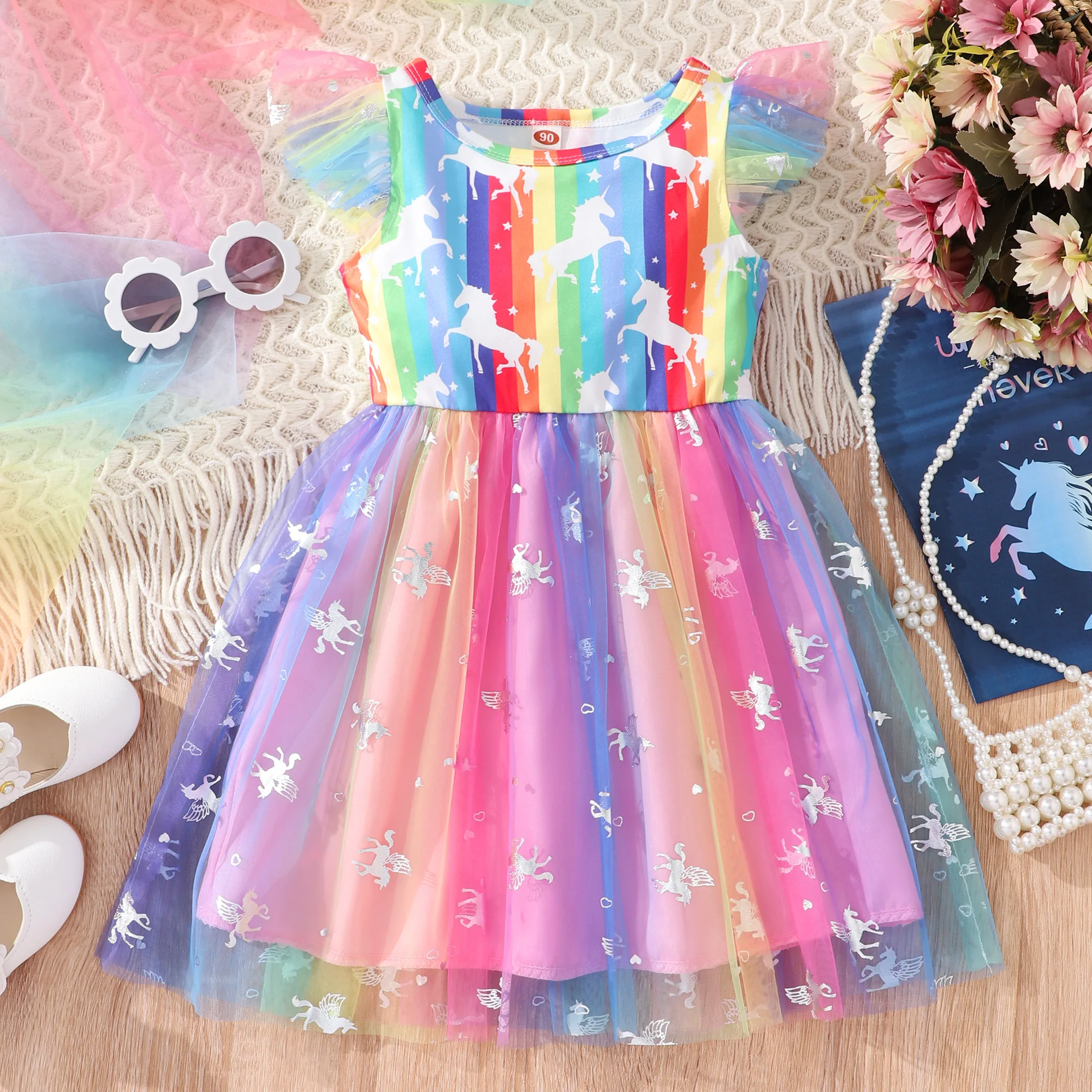 

Kids Clothes Girls Dresses Summer Ruffle Flying Sleeve Cute Rainbow Printed Tutu Party Pretty Fashion Princess Dress for 1-7Y