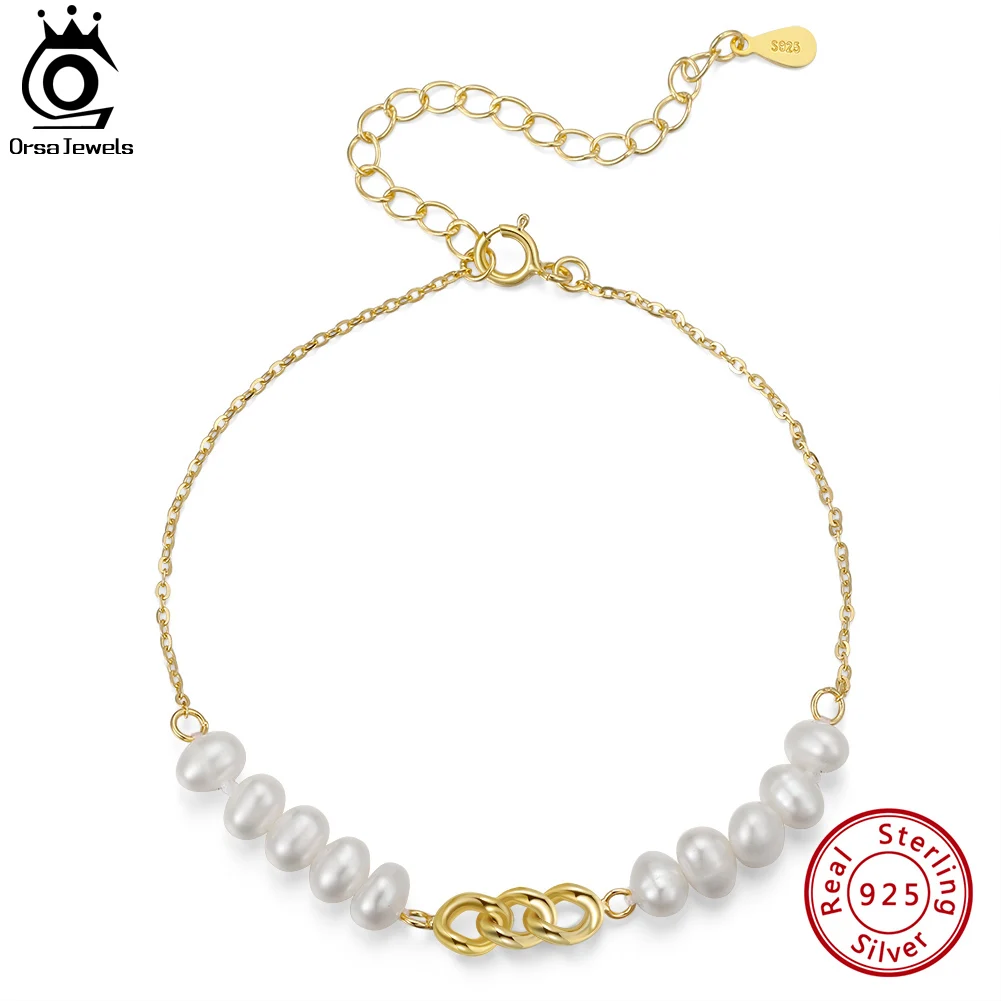 

ORSA JEWELS 14k Gold 925 Sterling Silver Bracelet with 5mm Natural Baroque Pearl Delicate Adjustable Vintage Jewelry GPB14