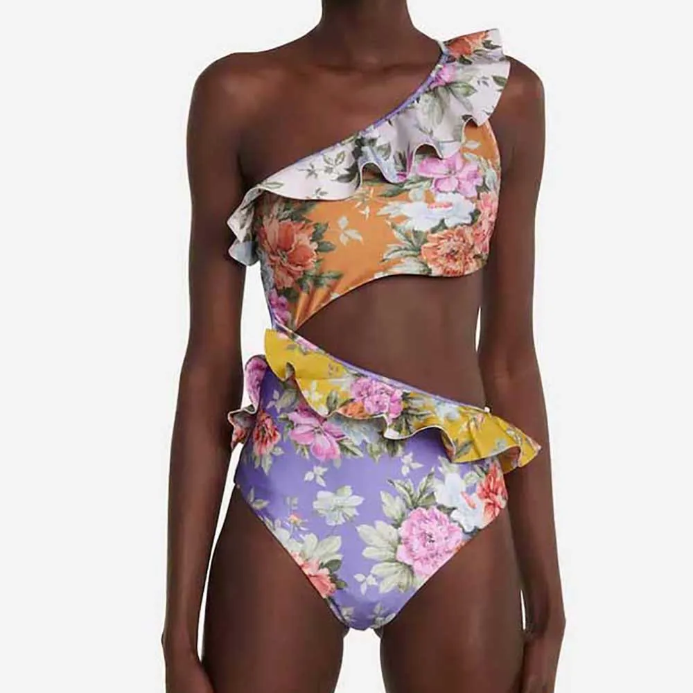 

Fashion Colorblock Floral Ruffled One Piece Swimsuit High Waist SlimHollow Strap Bikini Elegant One Shoulder Sexy Beachwear 2023