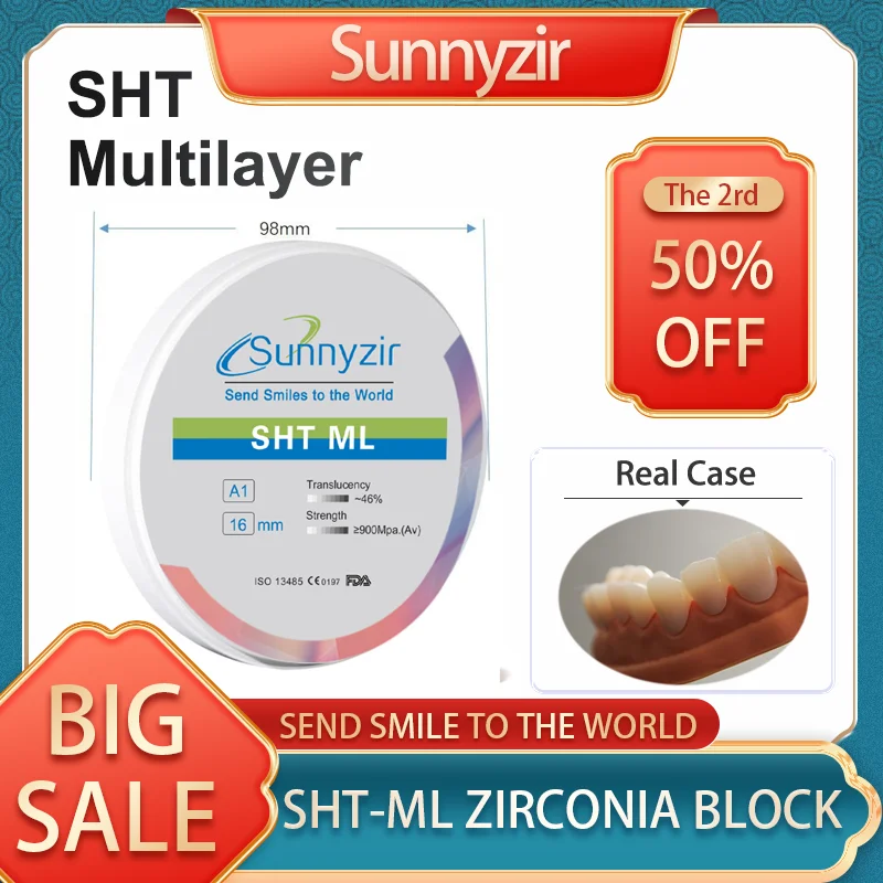 Sunnyzir SHT Plus ML Multilayer Digital Dental Zirconia Block CAD CAM Open System 98x10mm Denture Material for Dental Lab
Sunnyzir SHT Plus ML Multilayer Digital Dental Zirconia Block CAD CAM Open System 98x10mm Denture Material for Dental Lab