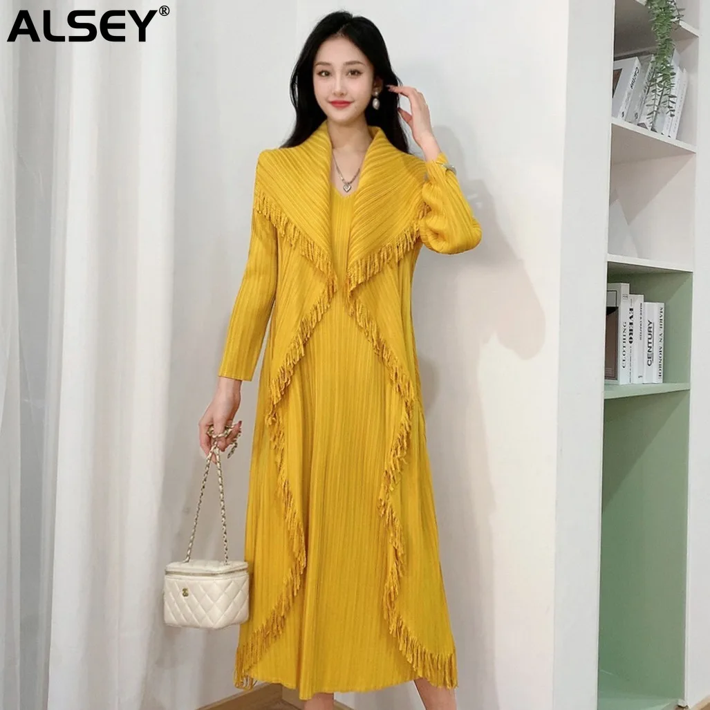 

ALSEY Miyake Original Pleated Cape Solid Color Tassel Dress Spring New Senior Sense Leisure Niche Temperament Mid-length Dresses