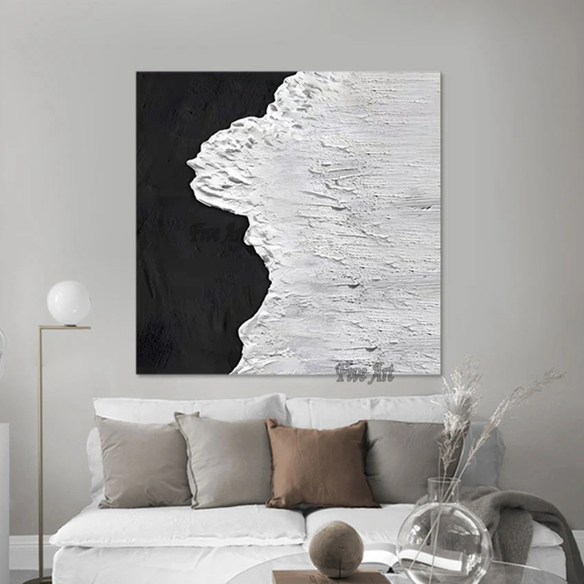 

Palette Knife Seascape Oil Painting No Framed Thick Acrylic Picture Modern Canvas Art Abstract Wall Decor White Black Artwork
