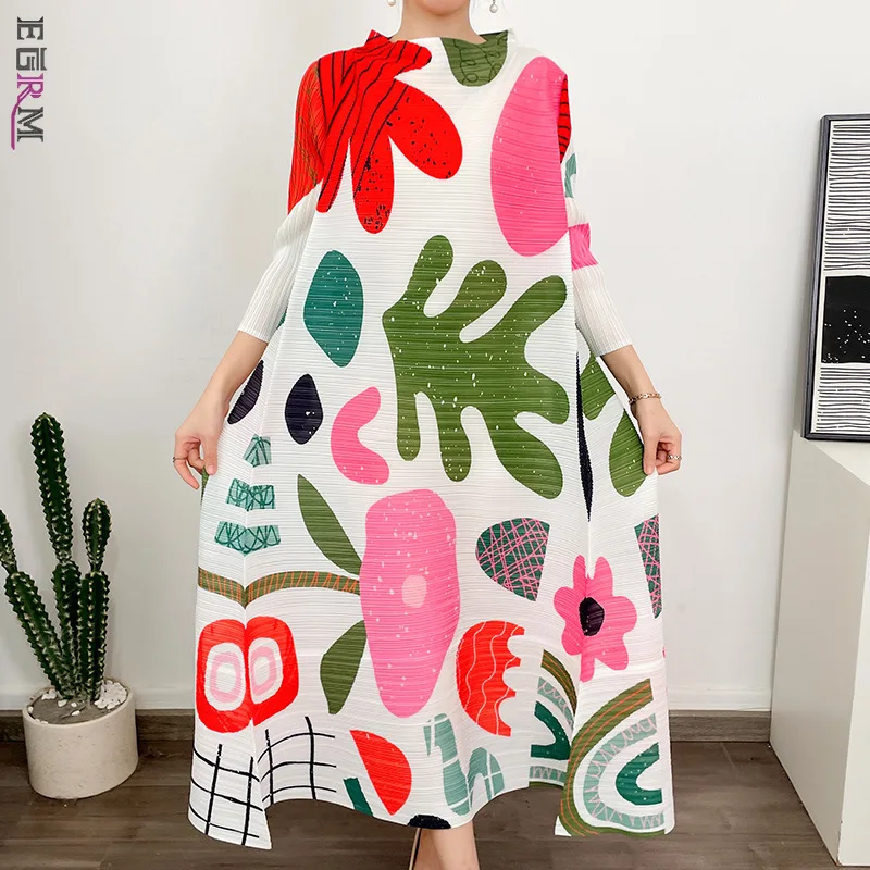 

Плиссированное официальное платье EGRM Miyake с цветным принтом, модные платья с круглым вырезом и рукавом три четверти для женщин, Новинка лета 2023, 6EM2917