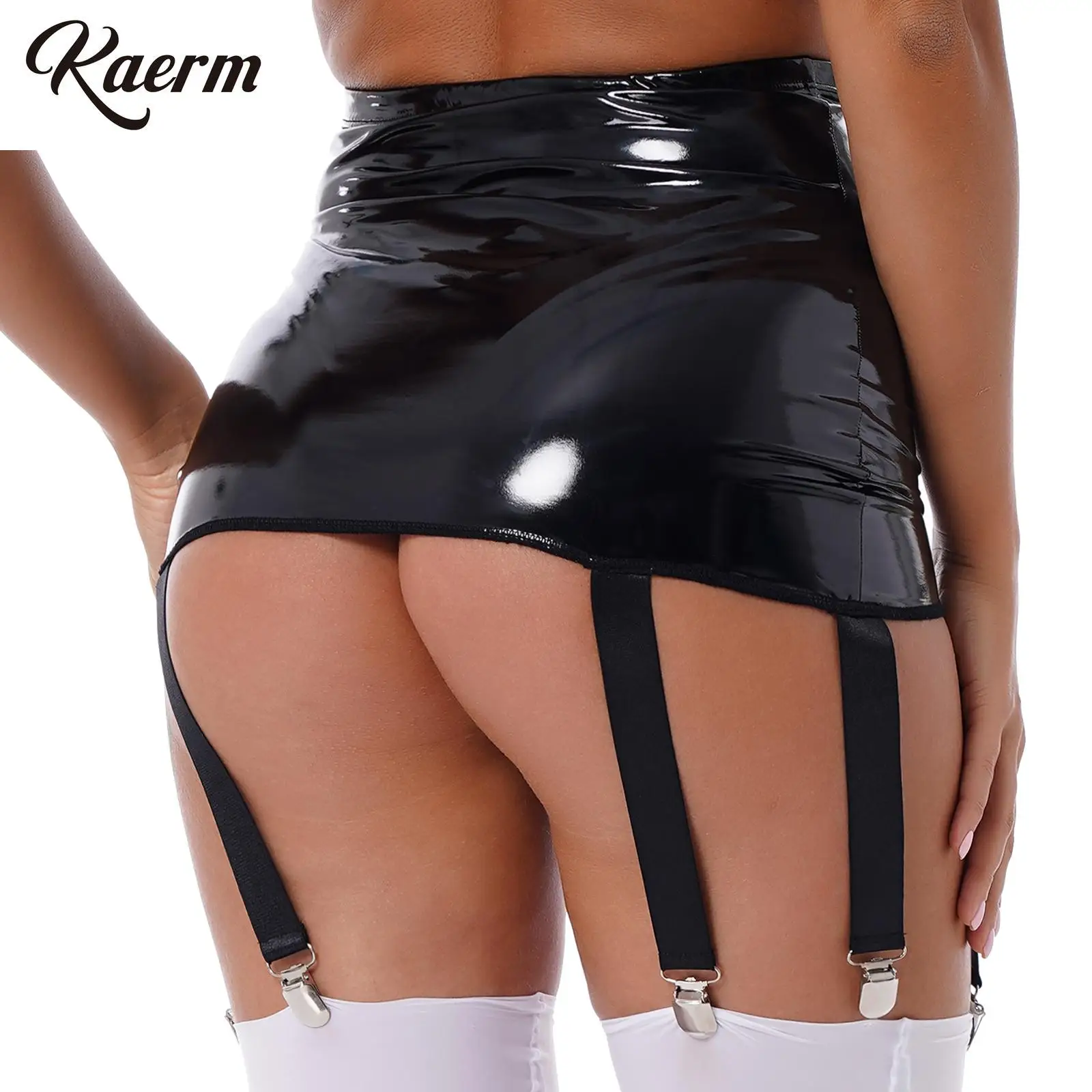 

Women Wet Look PVC Leather Bodycon Slim Skirts Suspenders Garter Belt with Six Metal Buckle Clips for Club Dance Show