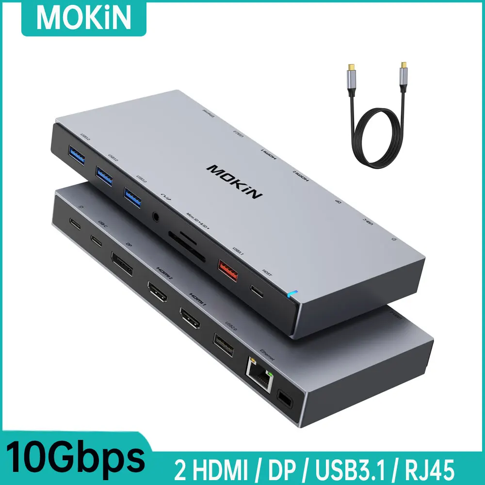 

MOKiN 15 in 1 10Gbps USB C Docking Station 4K Dual HDMI, USB 3.1,DP, RJ45,SD/TF,Audio, PD100W Adapter, for MacBook iPad HUB USB