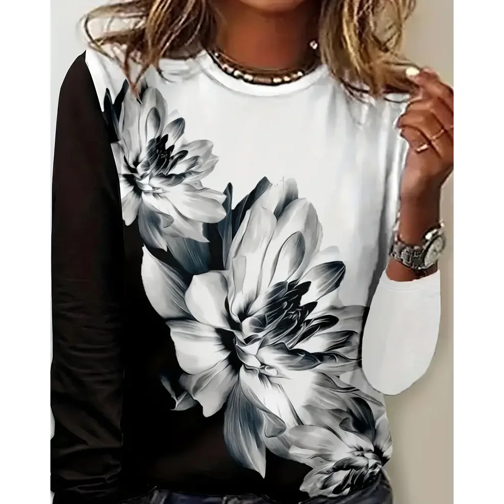 

Floral Print Long Sleeve T-Shirt,Crew Neck Random Print Casual Top For Summer & Spring,Women's Clothing