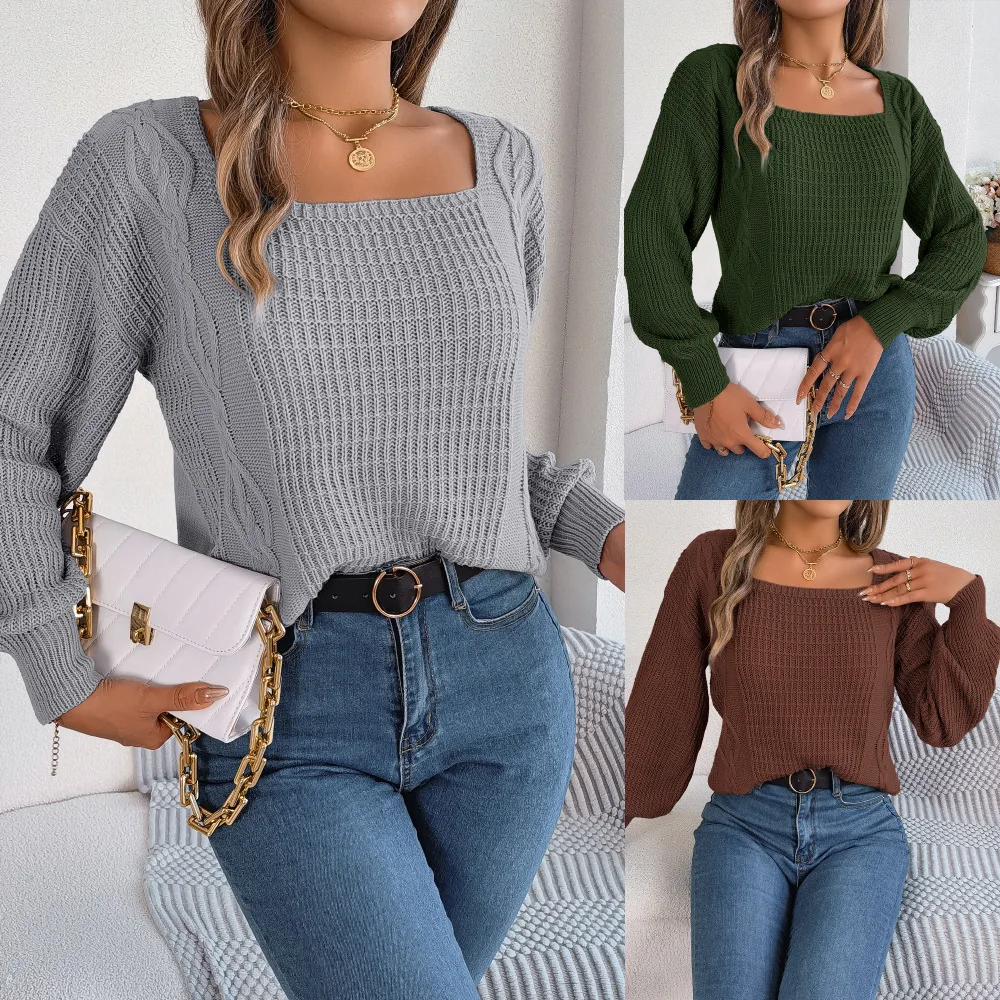 

Autumn and winter casual solid color square neck Fried Dough Twists lantern sleeve knitting pullover sweater for women