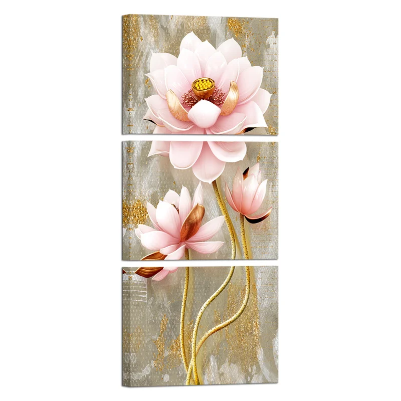 

3 Pieces Beautiful Lotus Posters Wall Art Pink Flowers Print Canvas Painting Modern Style Pictures Living Room Home Decor