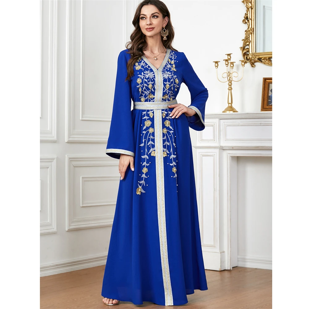 

Ramadan Morocco Dress Women Muslim Abaya Fashion Dubai Abayas Embroidery Belted Kaftan Elegant Party Dresses Vestidos Autumn