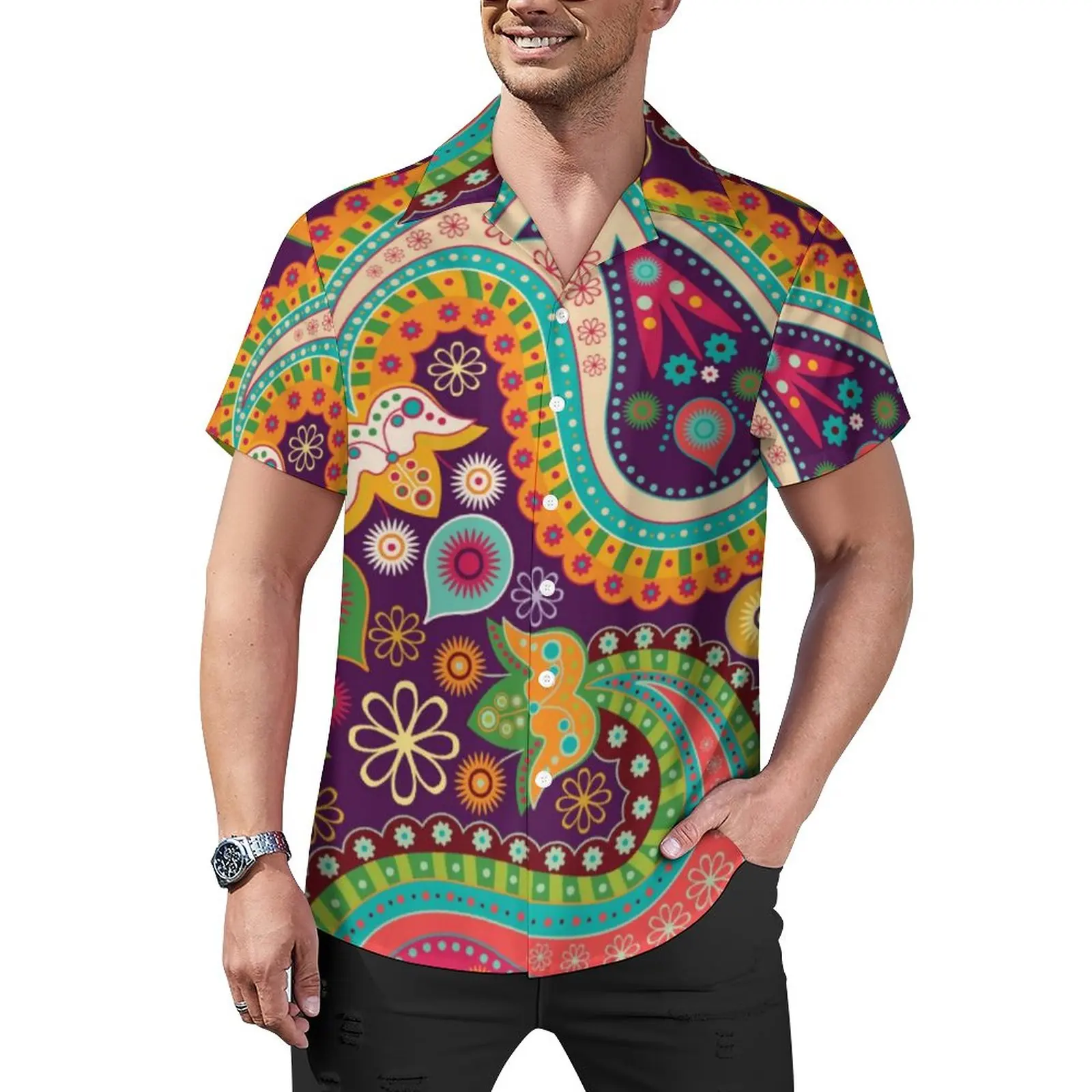 

Retro Hippie Casual Shirts Paisley Bandanna Beach Shirt Hawaii Stylish Blouses Male Print Plus Size