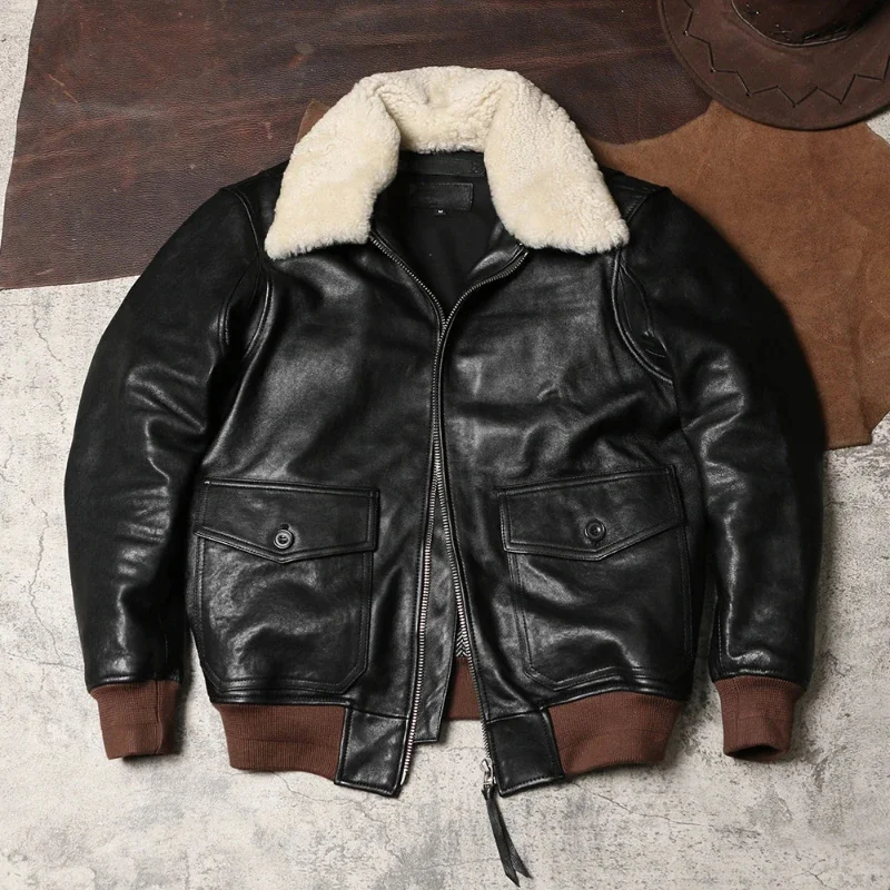 

G1 Air Force Real Leather Jacket Men Thick Goatskin Motorcycle Jackets Men's Detachable Fur Collar Flight Suit Jaqueta De Couro