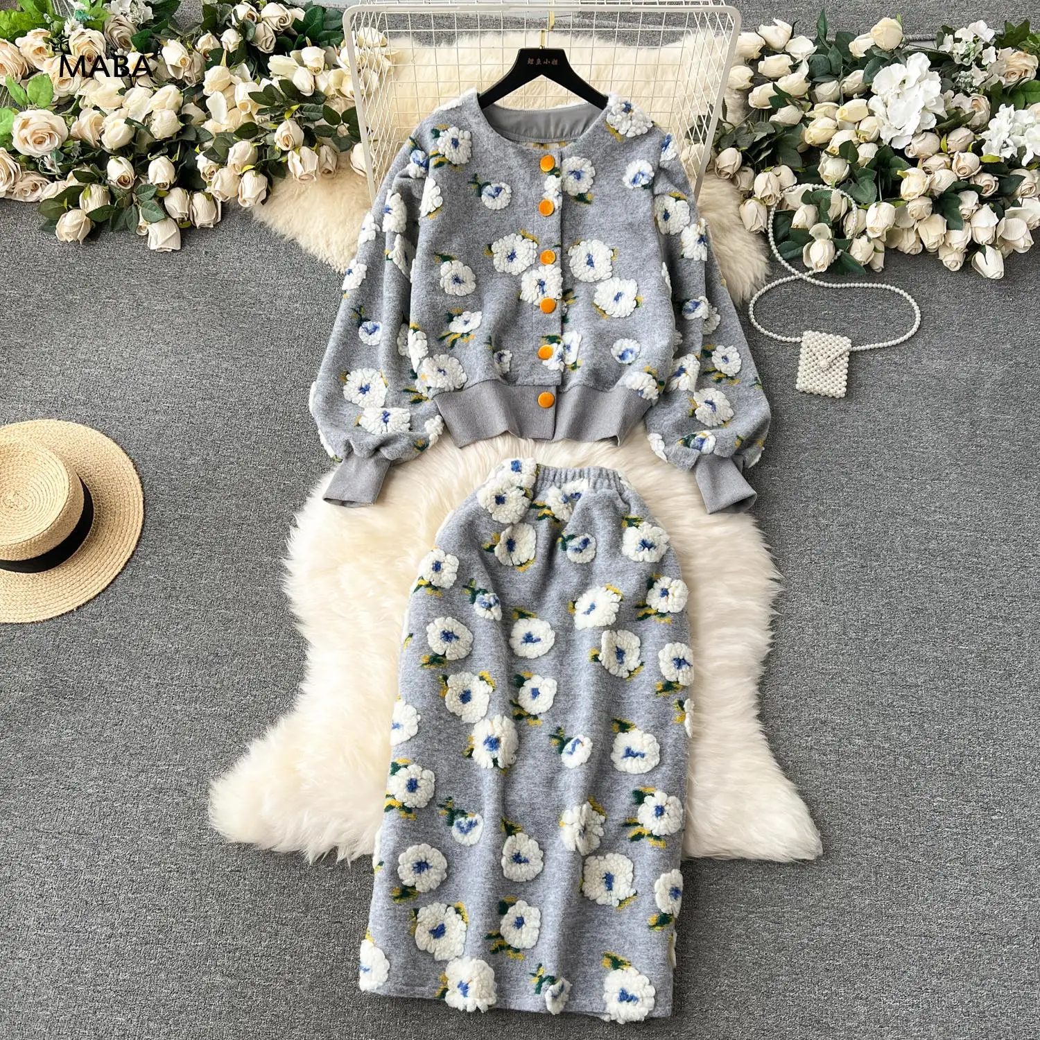 

Winter New Thick Warm 3d Floral Flowers Two Piece Set Women O-neck Sweet Jacket Coat +long Skirt Age-reducing Outfits Socialite