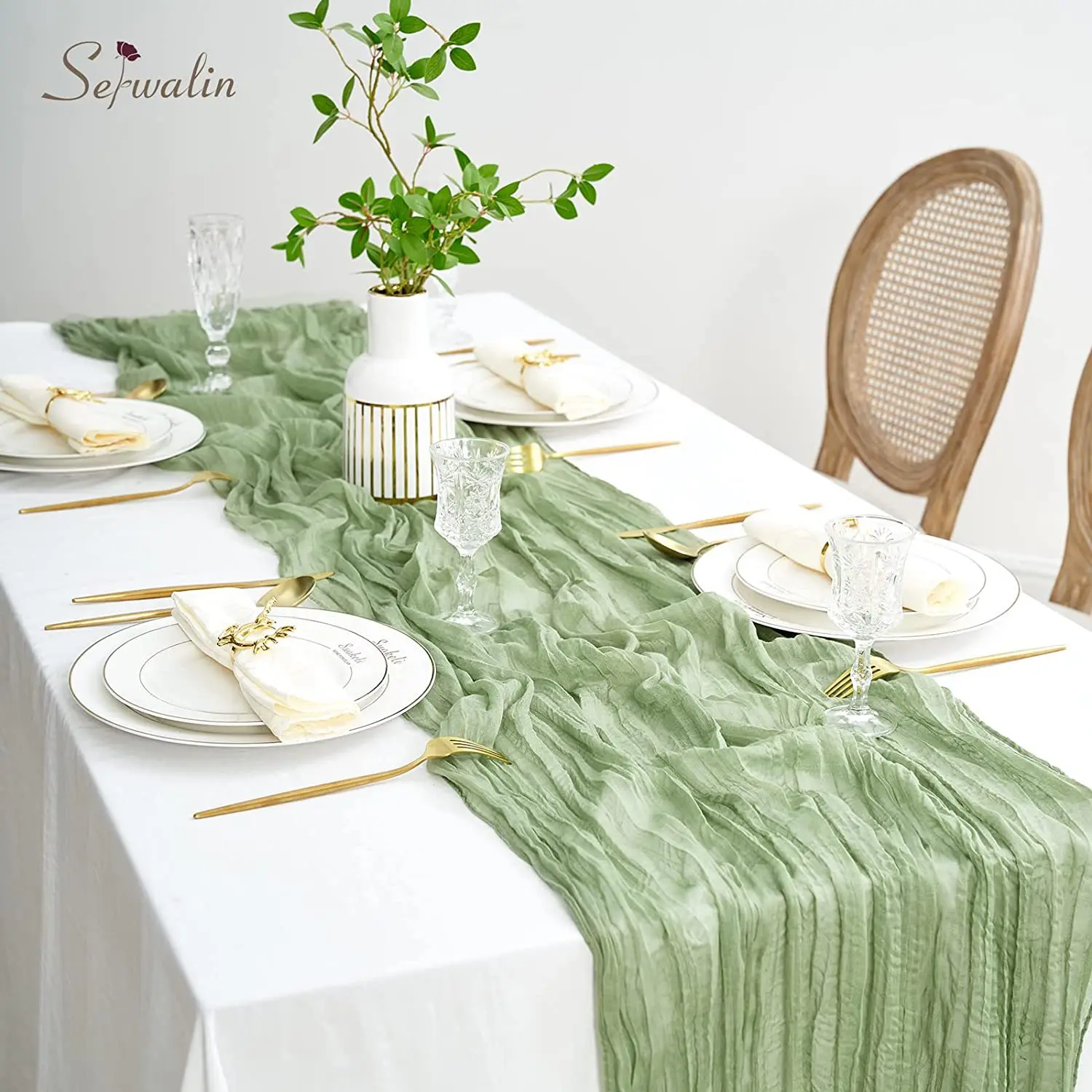 

90x300/400CM Sheer Gauze Christmas Table Runner Green Cheesecloth Table Setting Dining Vintage Party Banquets Arches Cake Decor