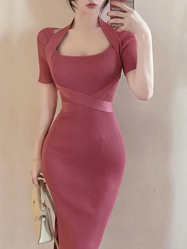 Summer Halter Midi Dresses Women Neck Knit Bodycon Short Sleeve Black Slim Vintage Sheath Party Knitted Dress Ladies Clothes
Summer Halter Midi Dresses Women Neck Knit Bodycon Short Sleeve Black Slim Vintage Sheath Party Knitted Dress Ladies Clothes