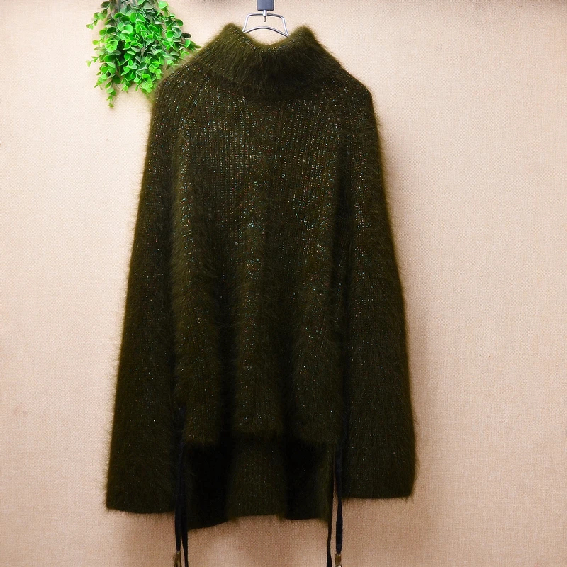 

Ladies Women Fall Winter Clothing Green Hairy Angora Rabbit Hair Knitted Turtleneck Slim Pullover Mink Fur Jumper Sweater Pull