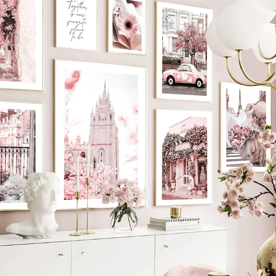 

Paris Tower Pink Sakura Car Daisy Building Wall Art Canvas Painting Nordic Posters And Prints Wall Pictures Girl BedRoom Decor