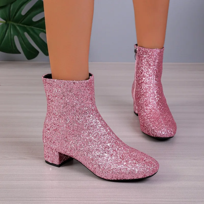 

2024 New Sequined Ladies Ankle Boots Fashion Square Heels Women Round Toe Winter Boots Female Zipper Pink Booties Large size
