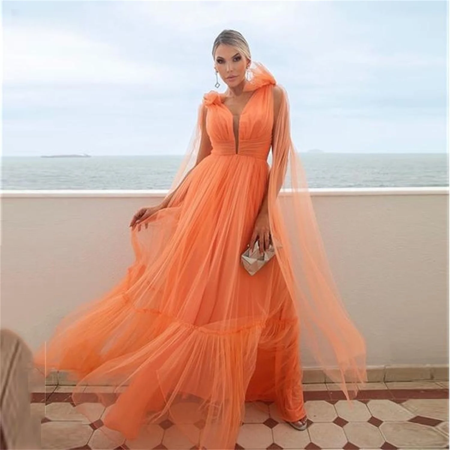 Orange Tulle Long Prom Dresses Simple V-Neck Pleated Plus Size Women Formal Evening Gowns Specail Event Party Dress
Orange Tulle Long Prom Dresses Simple V-Neck Pleated Plus Size Women Formal Evening Gowns Specail Event Party Dress