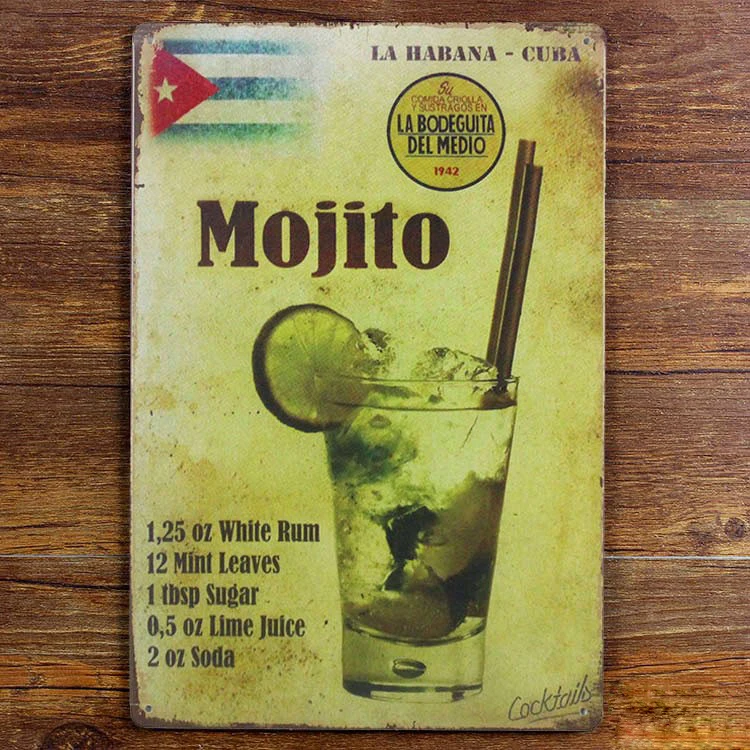 

Mojito Cocktail Tin Signs Cuba intage Retro Metal Sign Iron Plate Hanging Wall Decoration for Bar Cafe Home