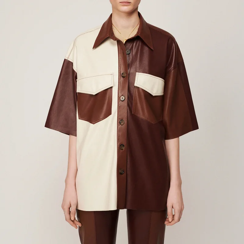 N@NU 24ss Women's Commuter Versatile Faux Leather Blouses Lapel Single Breasted Short Sleeve Colour Block Shirt Y2k Blouse Women
N@NU 24ss Women's Commuter Versatile Faux Leather Blouses Lapel Single Breasted Short Sleeve Colour Block Shirt Y2k Blouse Women