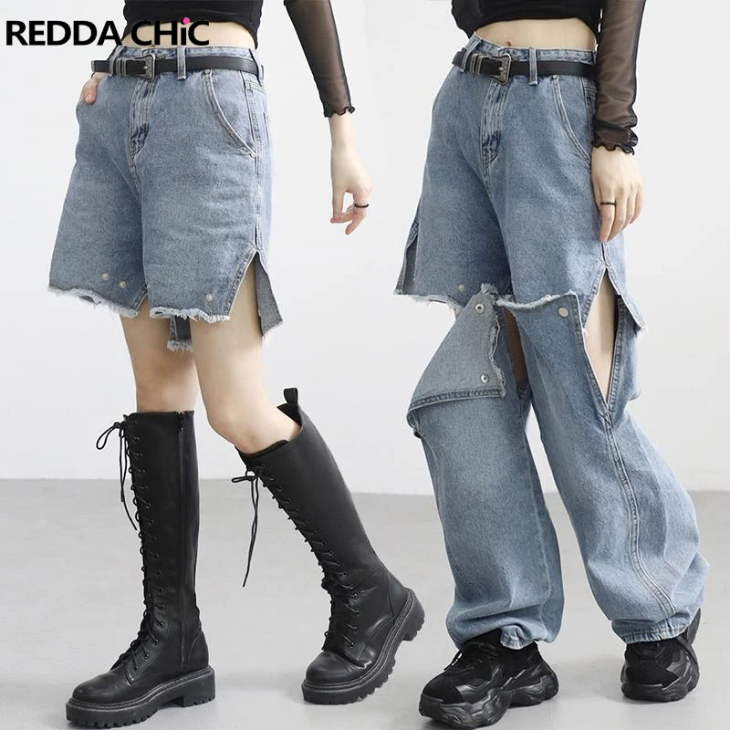 

ReddaChic 2 Wears Hollow-out Baggy Jeans for Women Datechable Leg Warmers Hip Hop Street Style Trousers High Rise Wide Leg Pants