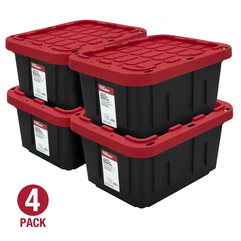 

Hyper Tough 5 Gallon Snap Member Plastic Storage Bin, Black/Red, Set of 4