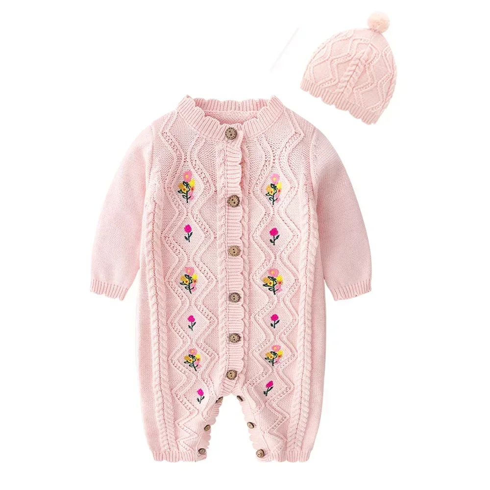 

new born baby clothes Embroidered Knitted One-piece Baby Girl Woolen Romper and hat