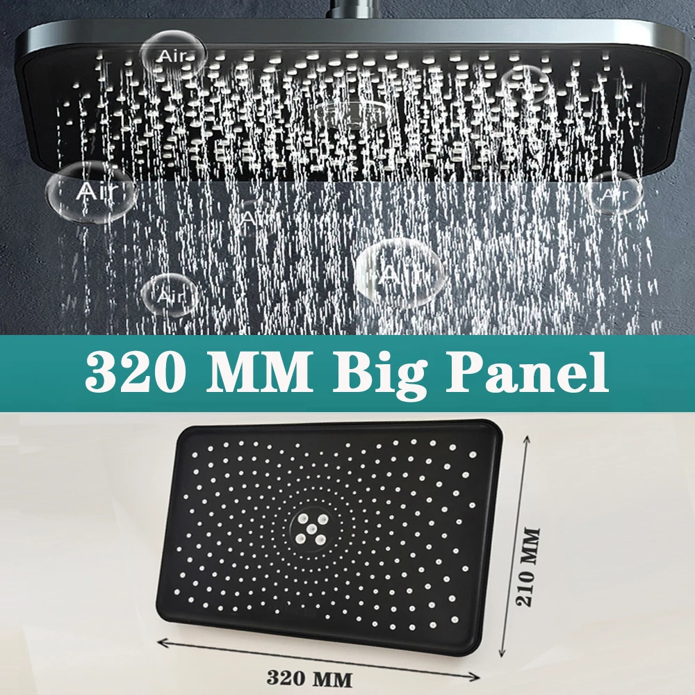 

12 Inches Large Flow Supercharge Ceiling Mounted Shower Head Black 3 Modes Big Panel High Pressure Abs Rainfall Bathroom Shower