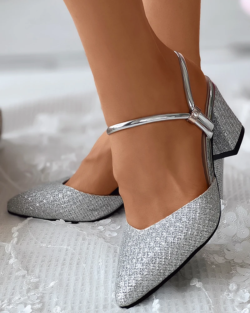 

Women Shoes Fashion Bling Bling Low Heel Point Toe Glitter Slingback Chunky Heels Wedding Guest Shoes Sandals